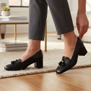 Anne Klein Leather Square Toe 2.5" Block Heel Loafer Slip On Style Pumps